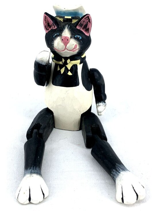 Other - Folk Art Chef Cat Shelf Sitter Hand Carved Wood Painted Jointed Limbs 9"